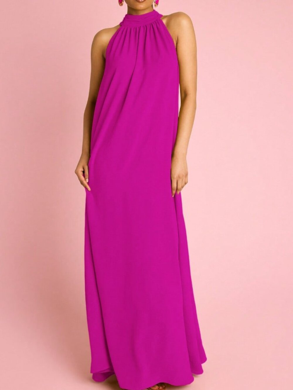 Hot Pink Elegant Boho Women's Halterneck Flowing Trapeze Maxi Dress - Picture 6 of 6